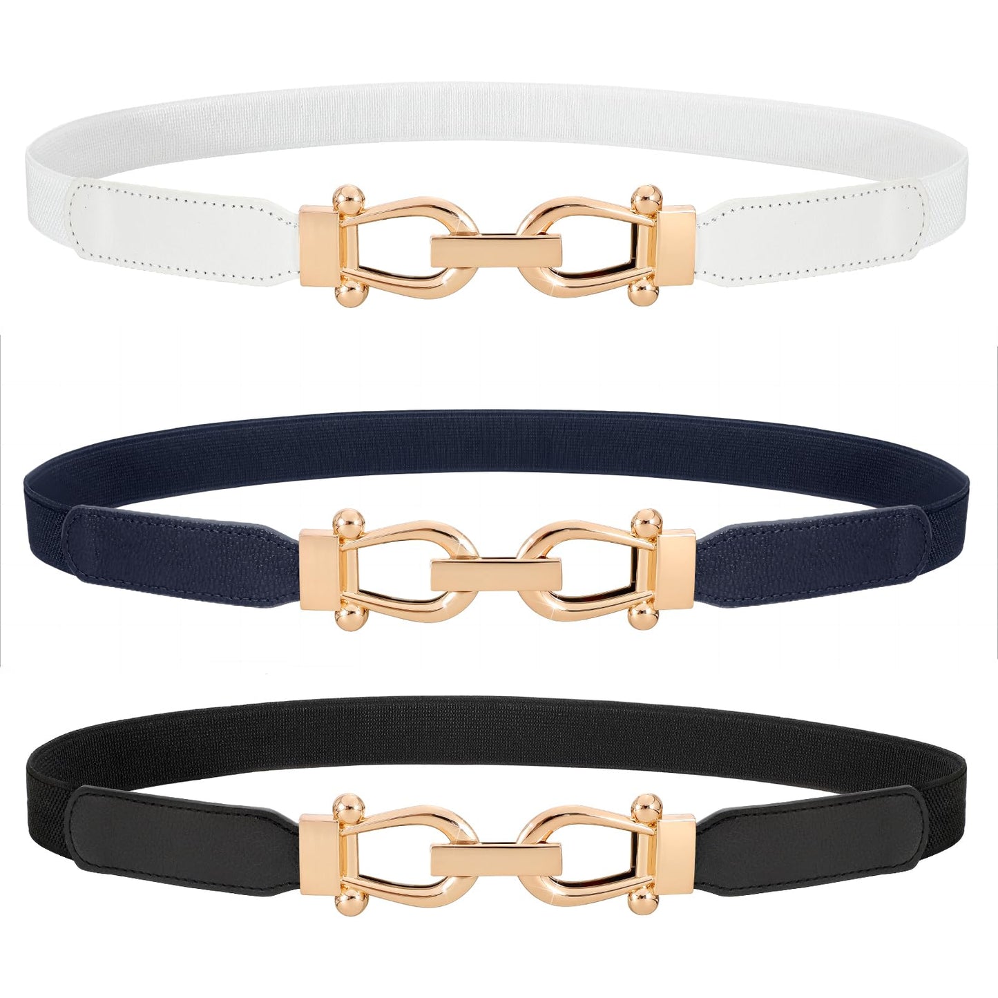 HOTWERFORU 3 Pack Women Skinny Elastic Waist Belt Gold Buckle Stretchy Thin Belt for Jeans Dress