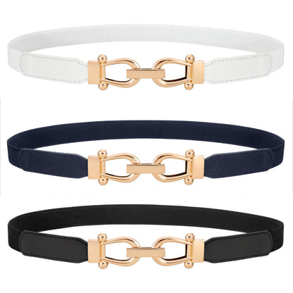 HOTWERFORU 3 Pack Women Skinny Elastic Waist Belt Gold Buckle Stretchy Thin Belt for Jeans Dress