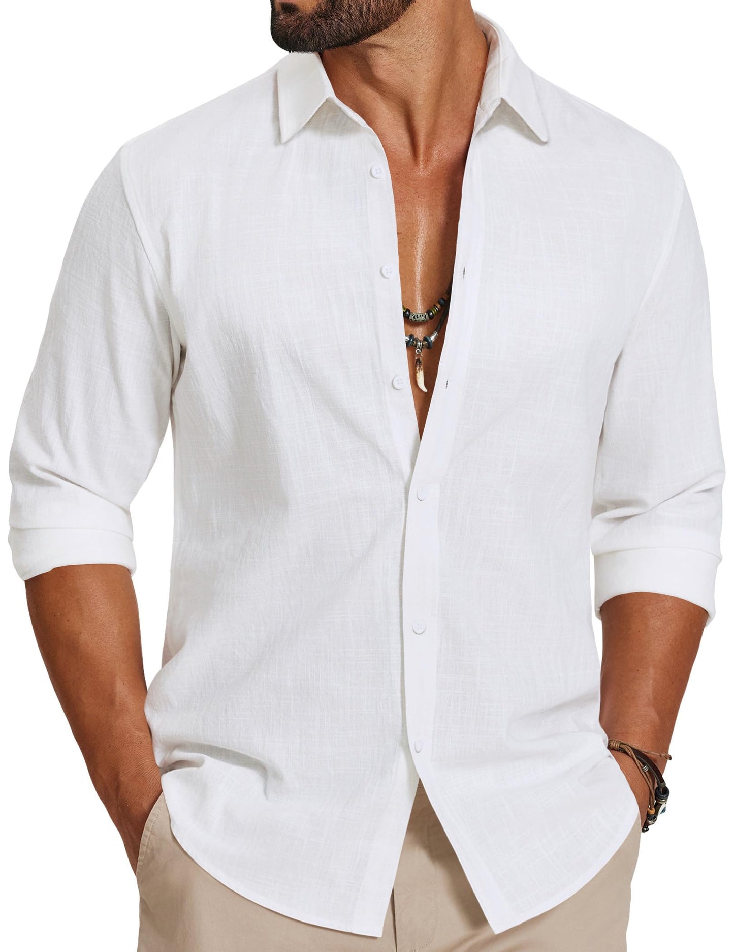 HOTCOOFANDY Men's Casual Button Down Shirts Long Sleeve Cotton Beach Wedding Shirt Summer Linen Shirt for Men