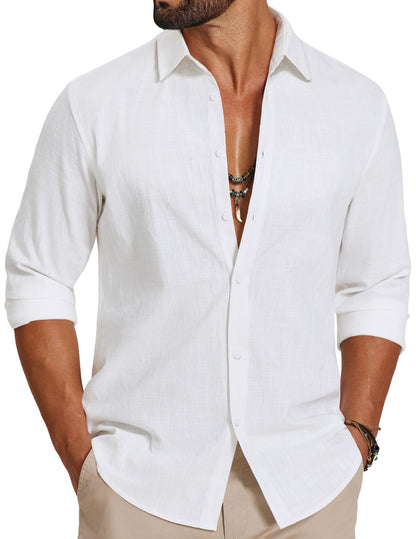 HOTCOOFANDY Men's Casual Button Down Shirts Long Sleeve Cotton Beach Wedding Shirt Summer Linen Shirt for Men