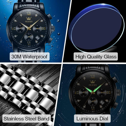 HOTOLEVS Men's Stainless Steel Chronograph Watch, Big Face Gold Silver Black Tone Easy to Read Analog Quartz Watch, Luxury Waterproof Date Diamond Roman Arabic Numerals Dial Dress Watch for Men
