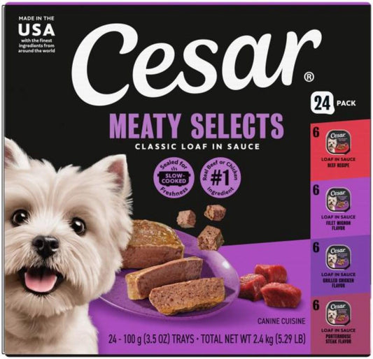 HOTCesar Classic Loaf in Sauce Wet Dog Food, Meaty Selects, 3.5 oz, 24 Count | Made in USA, Real beef or chicken #1 ingredient, no fillers or artificial flavors, slow-cooked, easy peel trays