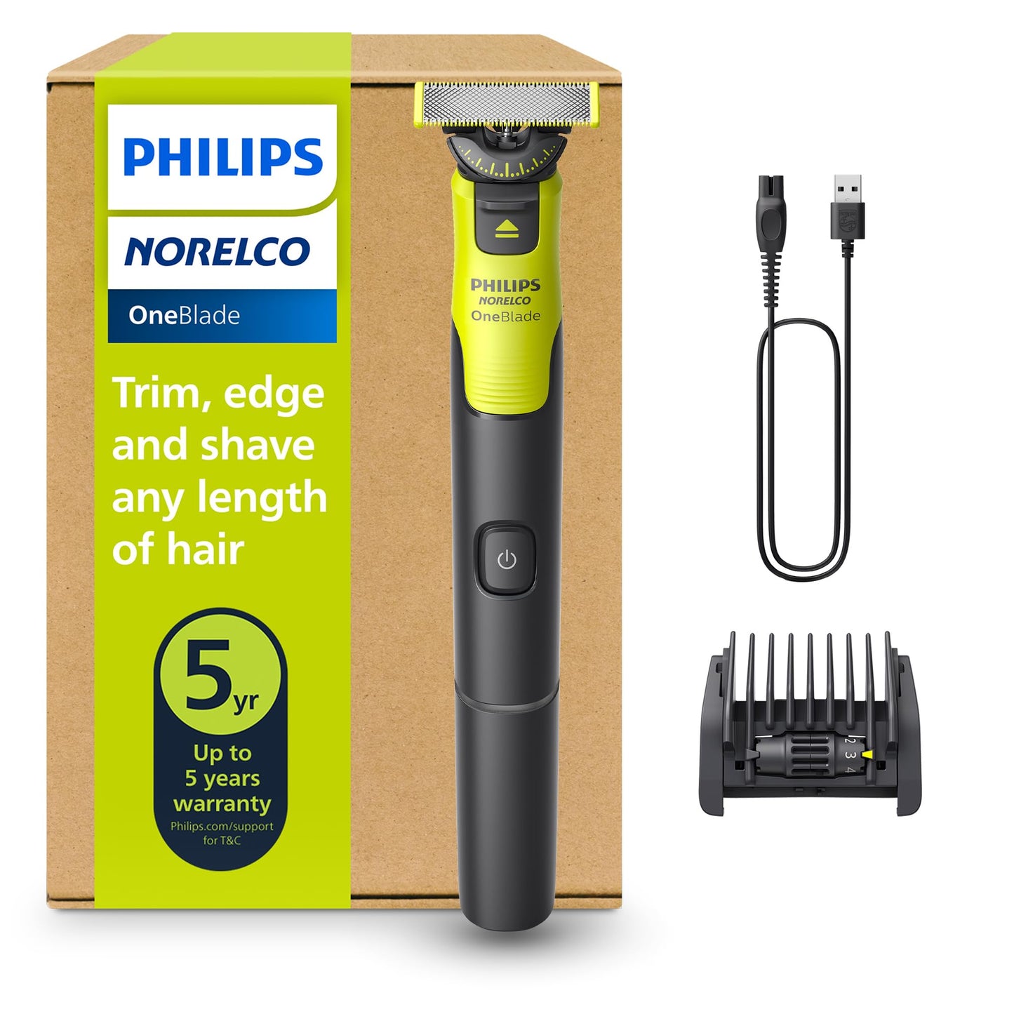 HOTPhilips Norelco One 360 Hybrid Face, Electric Beard Trimmer and Shaver, with 360 Technology, 1x 360 for Face, 5in1 Adjustable Comb, Model QP2724/90
