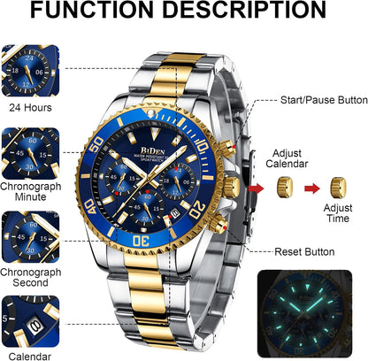 HOTBIDEN Mens Watches Chronograph Gold Blue Stainless Steel Waterproof Date Analog Quartz Watch Business Casual Fashion Wrist Watches for Men