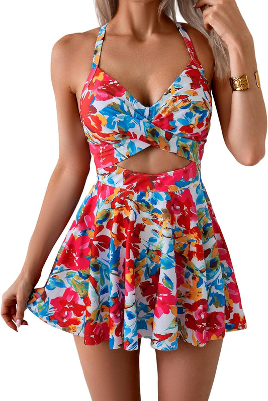 HOTB2prity Women Cutout One Piece Skirt Swimsuit V Neck Wrap Tie Back Swimdress Tummy Control Bathing Suits Slimming Swimwear