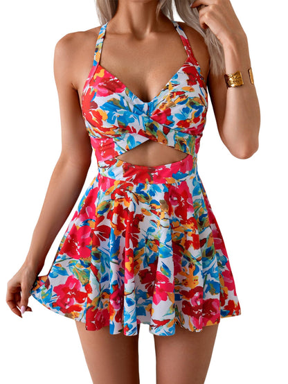 HOTB2prity Women Cutout One Piece Skirt Swimsuit V Neck Wrap Tie Back Swimdress Tummy Control Bathing Suits Slimming Swimwear