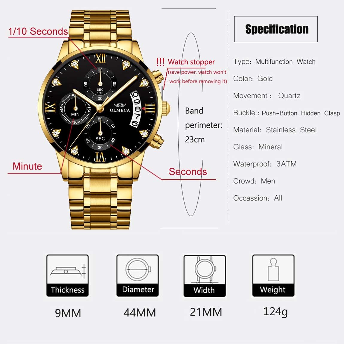 HOTDREAMING Q&P Men's Watches Luxury Fashion Casual Dress Chronograph Waterproof Military Quartz Wristwatches for Men Stainless Steel Band Gold Black
