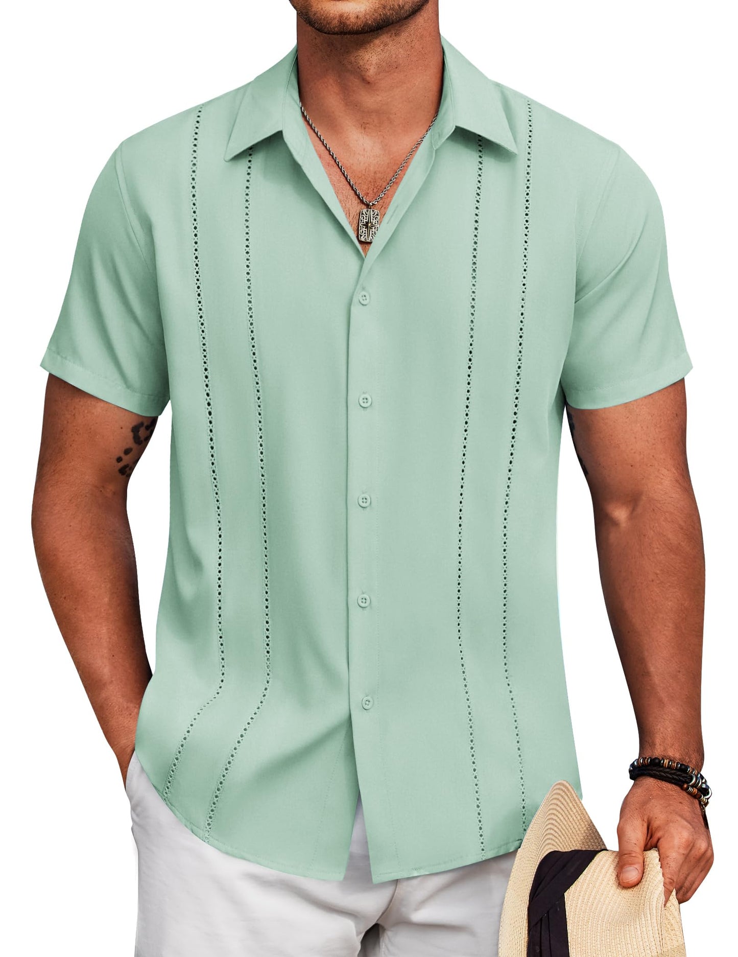 HOTCOOFANDY Mens Cuban Guayabera Shirt Short Sleeve Button Down Shirts Summer Beach Vacation Shirts