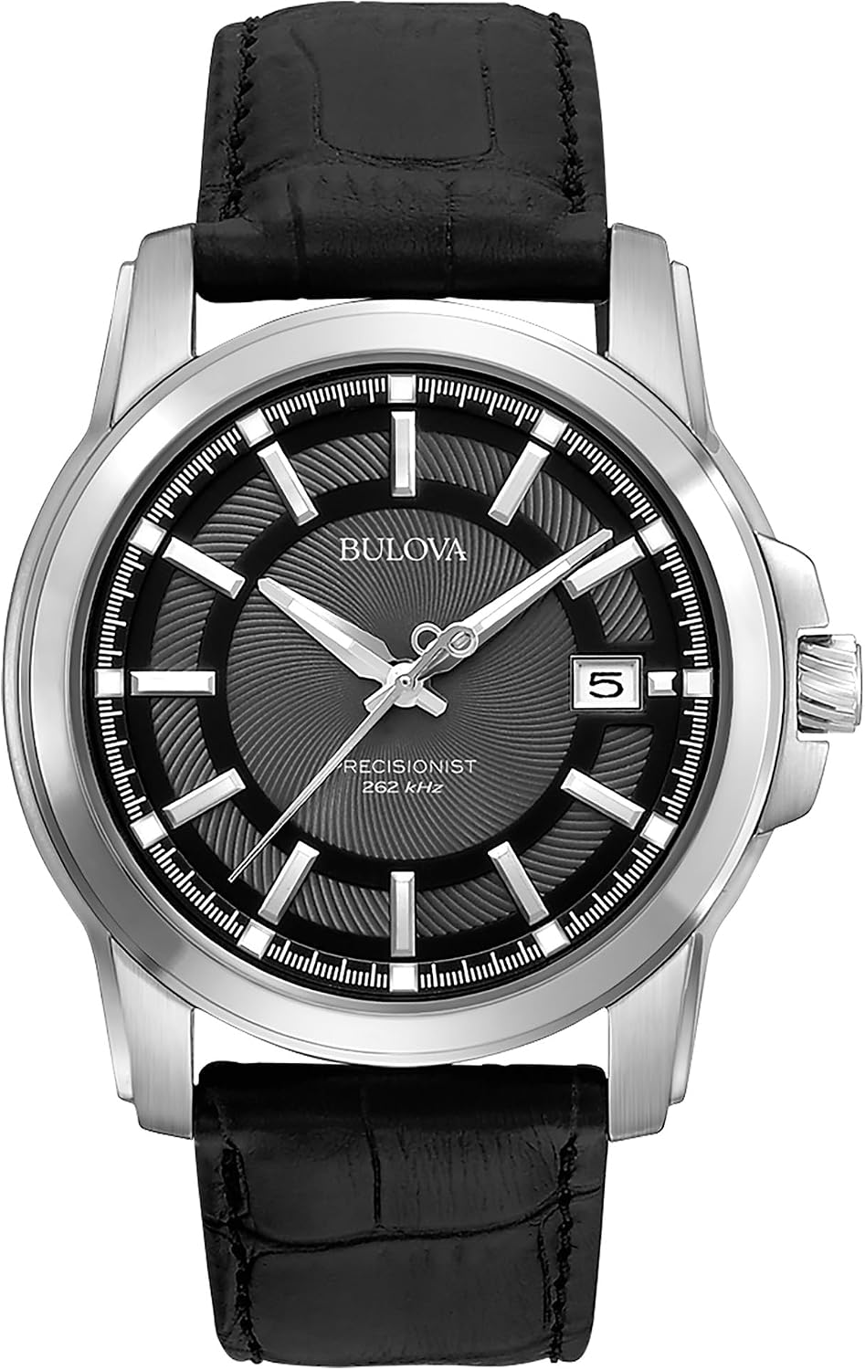 HOTBulova Men's Precisionist 3-Hand Calendar in Stainless Steel with Black Leather Strap and Black Patterned Dial Style: 96B158