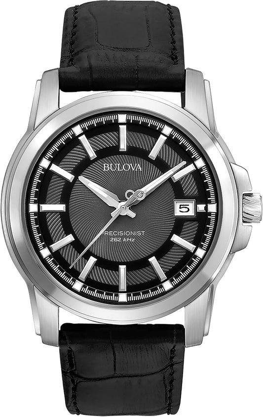 HOTBulova Men's Precisionist 3-Hand Calendar in Stainless Steel with Black Leather Strap and Black Patterned Dial Style: 96B158