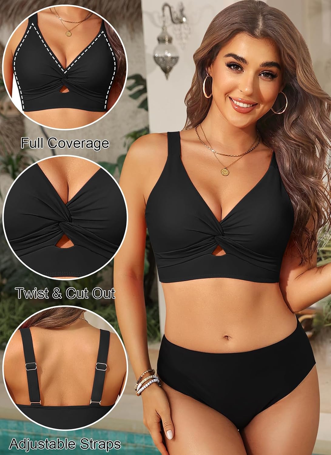 HOTWomen Cut Out Twist Bikini Top Only Supportive Large Bust Swimsuit Top | Removable Cups,Wide Underbust Band,Adjustable Wide Straps,Full Lining,Soft Fabric,High Stretch