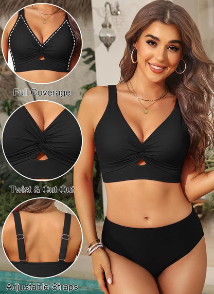 HOTWomen Cut Out Twist Bikini Top Only Supportive Large Bust Swimsuit Top | Removable Cups,Wide Underbust Band,Adjustable Wide Straps,Full Lining,Soft Fabric,High Stretch