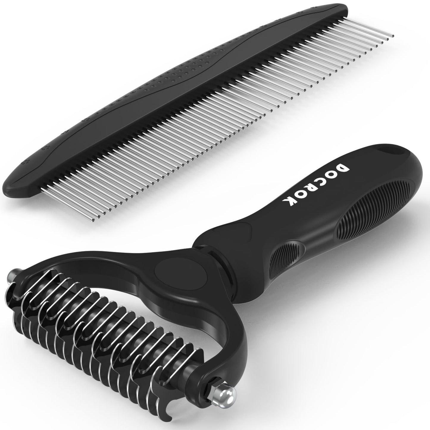 HOTDocrok Pet Grooming Combo - Blue Deshedding Brush with Metal Comb for Detangling and Dematting Long, Matted Fur on Cats and Dogs