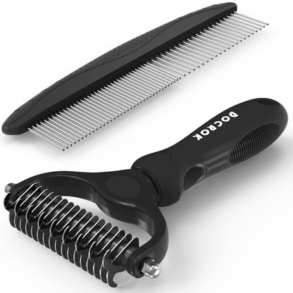 HOTDocrok Pet Grooming Combo - Blue Deshedding Brush with Metal Comb for Detangling and Dematting Long, Matted Fur on Cats and Dogs