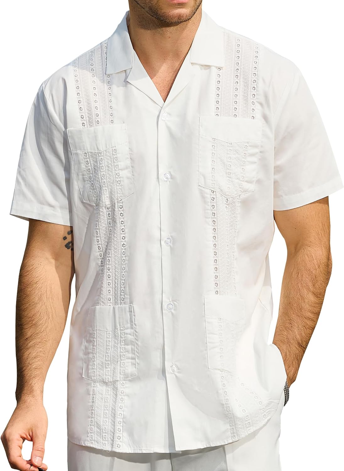 HOTJOGAL Mens Guayabera Shirts Cuban Short Sleeve Casual Button Down Beach Shirt