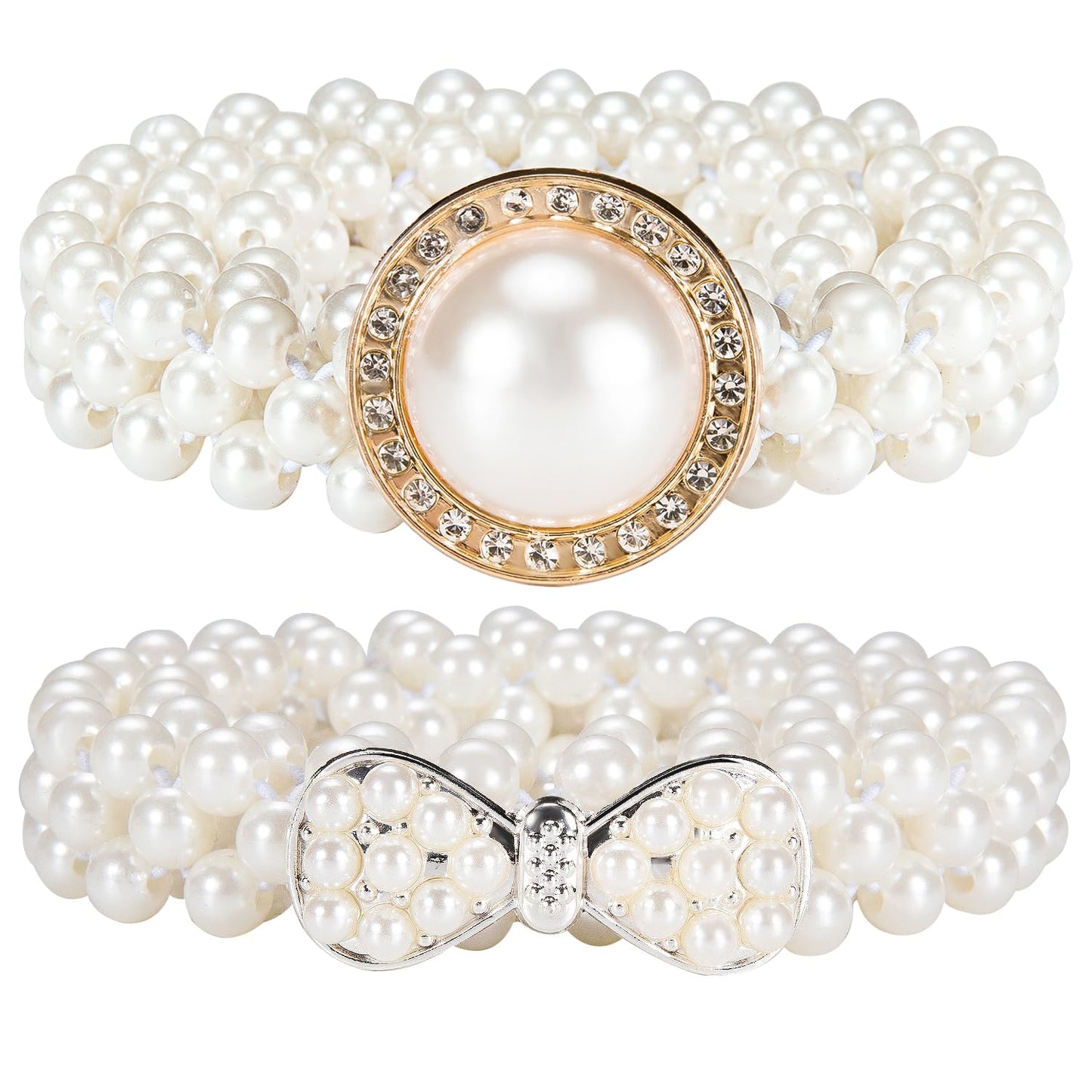 HOTDubulle Women's Pearl Belt Elastic White Waist Chain for Bridal Dress | Plus Size Belts Ivory Beige Silver Pearl Rhinestone Buckle Formal Wedding Ladies