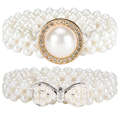 HOTDubulle Women's Pearl Belt Elastic White Waist Chain for Bridal Dress | Plus Size Belts Ivory Beige Silver Pearl Rhinestone Buckle Formal Wedding Ladies