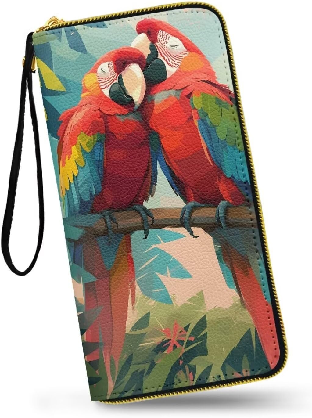 HOTMacaw Bird Lover Print Womens Wallet Leather Zip Around Wallet Tropical Forest Scarlet Macaw Parrot Long PU Leather Card Organizer Clutch with Wristlet