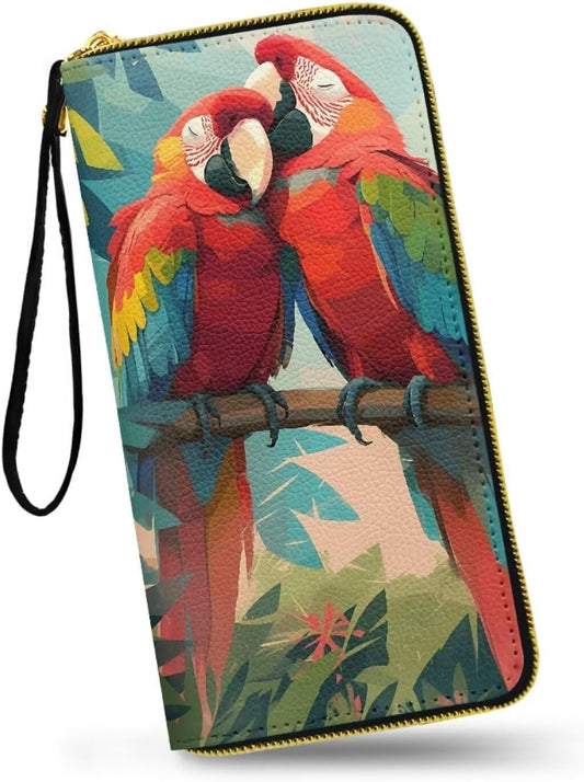 HOTMacaw Bird Lover Print Womens Wallet Leather Zip Around Wallet Tropical Forest Scarlet Macaw Parrot Long PU Leather Card Organizer Clutch with Wristlet