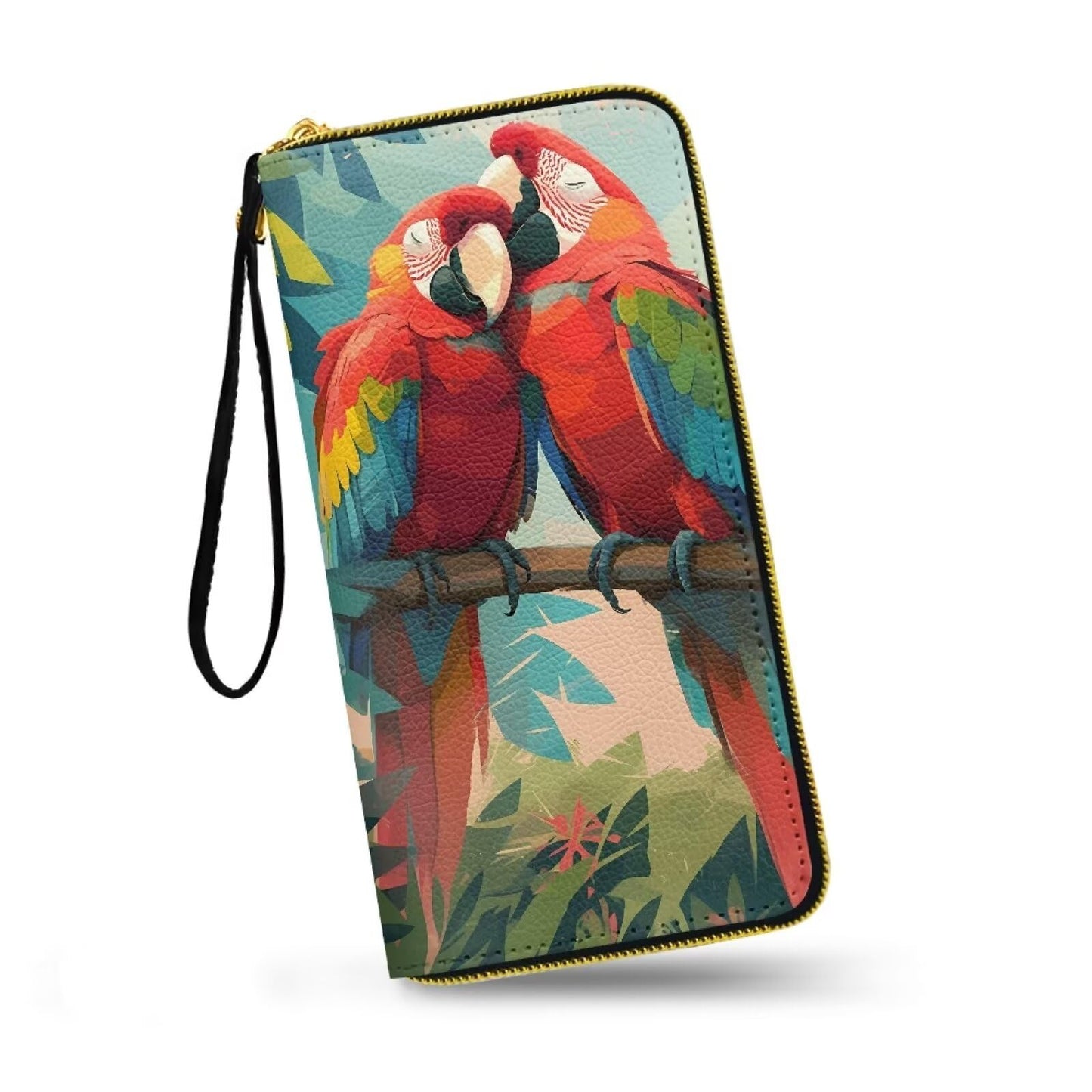 HOTMacaw Bird Lover Print Womens Wallet Leather Zip Around Wallet Tropical Forest Scarlet Macaw Parrot Long PU Leather Card Organizer Clutch with Wristlet
