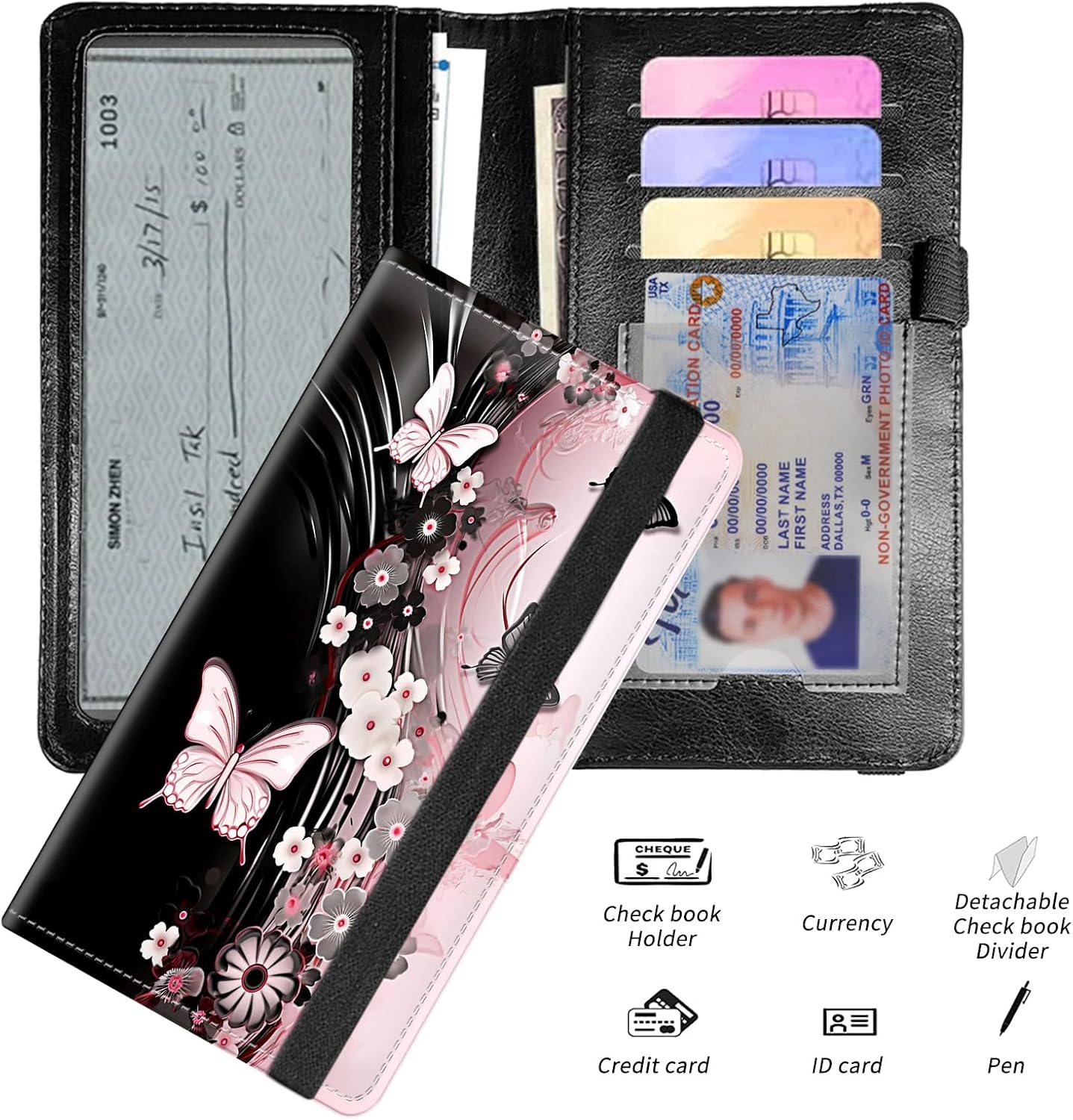 HOTLeather Checkbook Covers for Personal Checkbook Check book Holder Cover Wallets for Women Men,RFID-Blocking Slim Checkbook Cover for Duplicate Checks with Elastic Strap,Flowers Dancing Butterflies