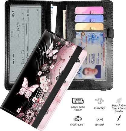 HOTLeather Checkbook Covers for Personal Checkbook Check book Holder Cover Wallets for Women Men,RFID-Blocking Slim Checkbook Cover for Duplicate Checks with Elastic Strap,Flowers Dancing Butterflies