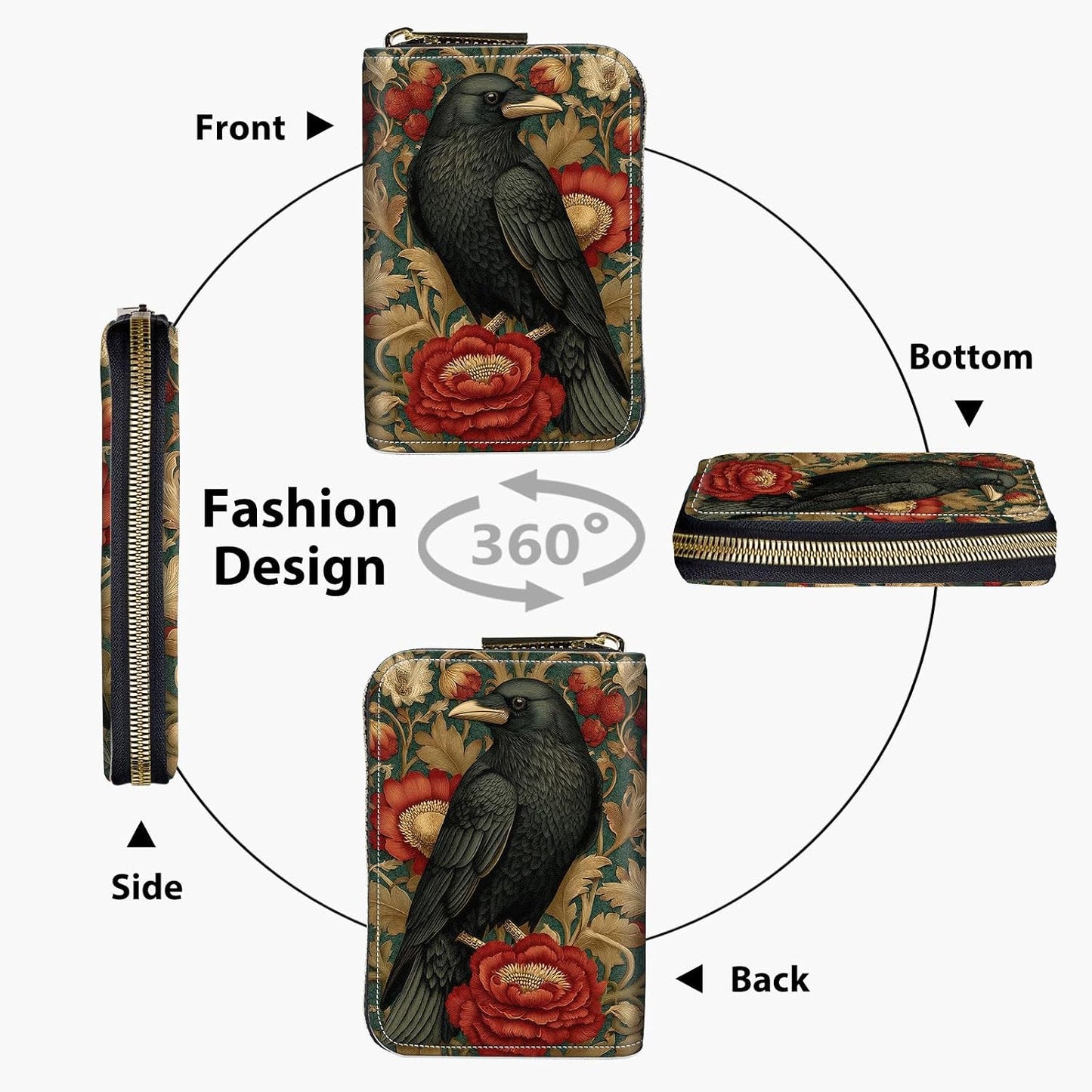 HOTSlim Zipper Card Wallet for Women — RFID Blocking Mini Wallet, PU Leather Small Credit Card Holder & Coin Pocket, Travel-Friendly Card Organizer, Crow & Rose