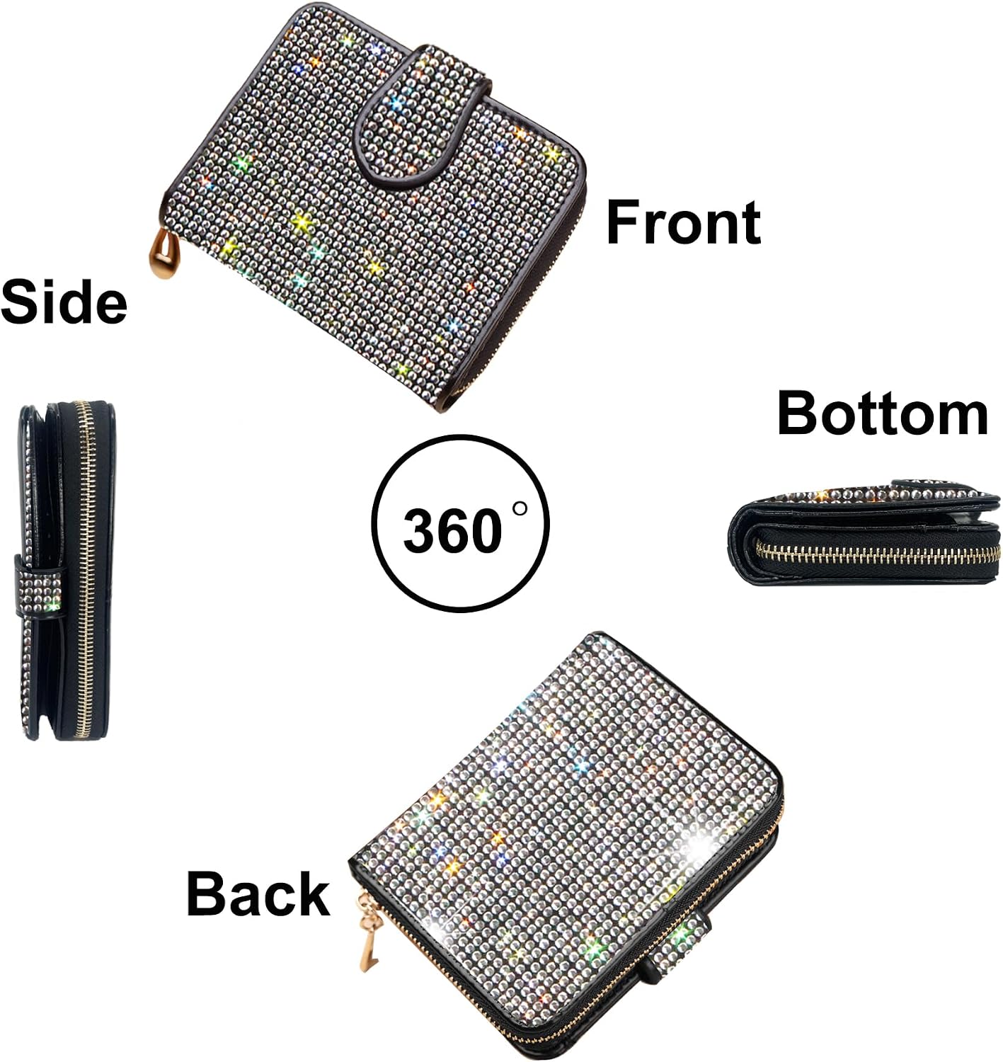 HOTBling Rhinestone Small Womens Wallet Girls Clutch Artificial Diamond Purse Credit Card ID Coin Holder W/Zipper Silver/White