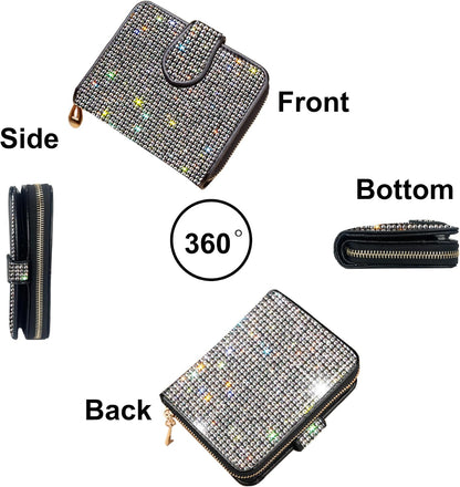 HOTBling Rhinestone Small Womens Wallet Girls Clutch Artificial Diamond Purse Credit Card ID Coin Holder W/Zipper Silver/White