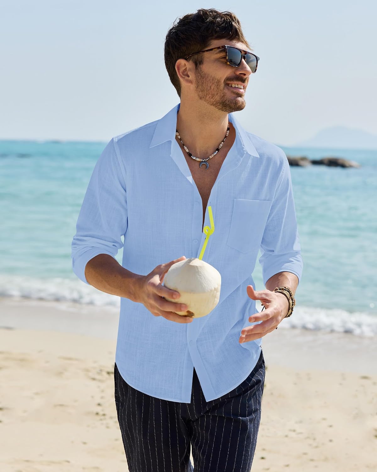 HOTAlimens & Gentle Mens Cotton Linen Textured Shirt Long Sleeve Button Down Shirts Casual Summer Beach Wedding Tops with Pocket
