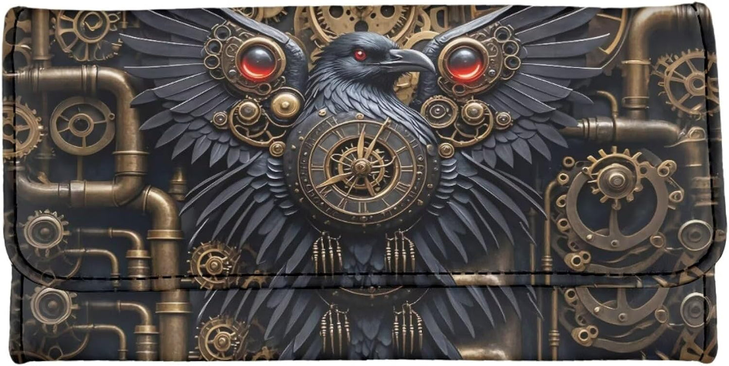 HOTBlack Raven PU Leather Wallet for Women Retro Victorian Steampunk Art Leather Card Holder Large Capacity, Mechanical Gears Crow Ladies Long Purse with ID Window