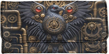 HOTBlack Raven PU Leather Wallet for Women Retro Victorian Steampunk Art Leather Card Holder Large Capacity, Mechanical Gears Crow Ladies Long Purse with ID Window