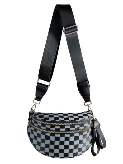 HOTBlack and White Checkered Crossbody Bag Bum Bag for Women,Spacious Checkered Purse Fanny Packs Belt Bag
