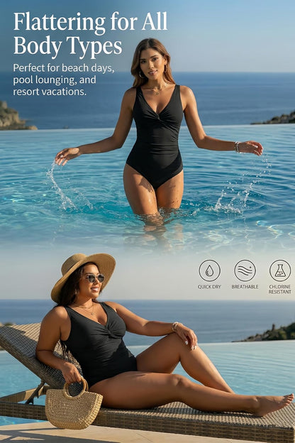 HOTWomen's Tummy Control One Piece Swimsuit Push Up Full Coverage Bathing Suit | V-Neck Twist Front, Low-Back Design, Adjustable Straps, Removable Pads, Full Coverage, Long-Torso Fit, Beach and Pool Days