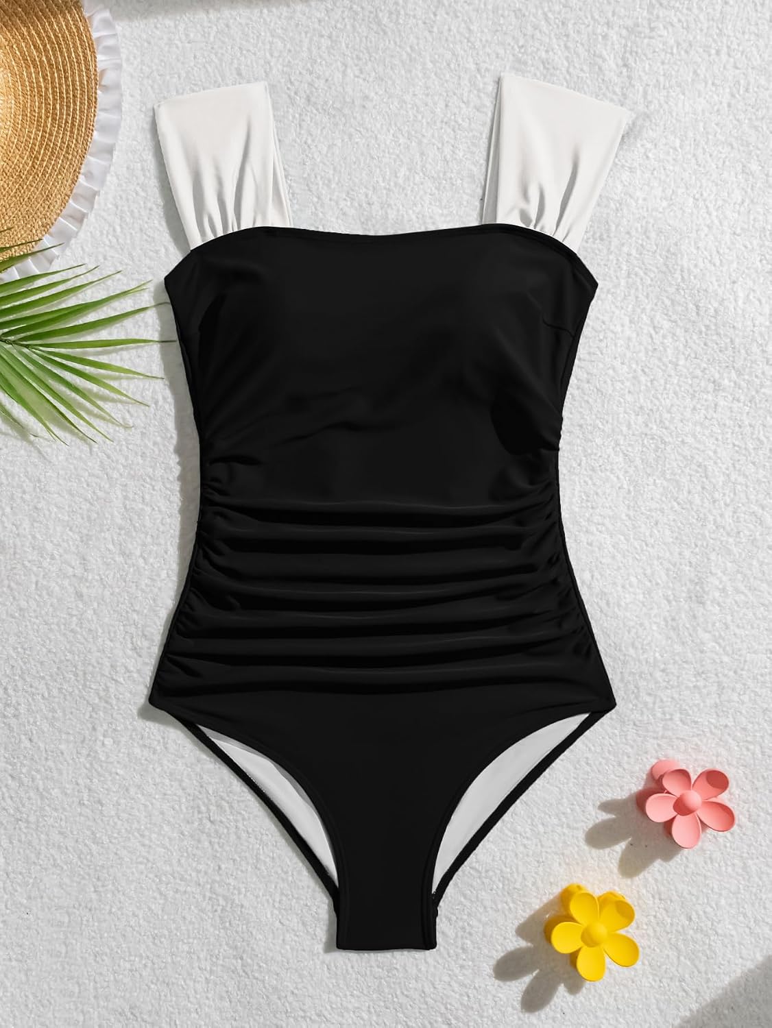 HOTB2prity Womens One Piece Swimsuit Retro Square Neck Tummy Control Bathing Suits Ruched Modest Full Coverage Swimwear