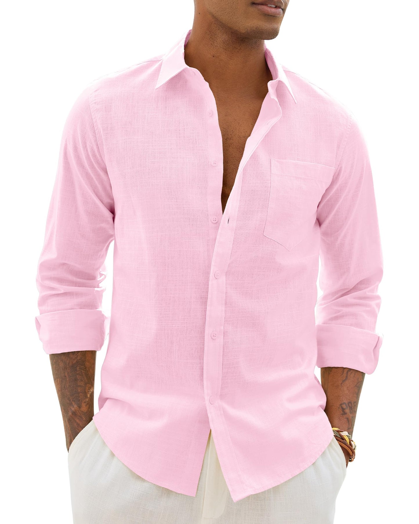 HOTAlimens & Gentle Mens Cotton Linen Textured Shirt Long Sleeve Button Down Shirts Casual Summer Beach Wedding Tops with Pocket