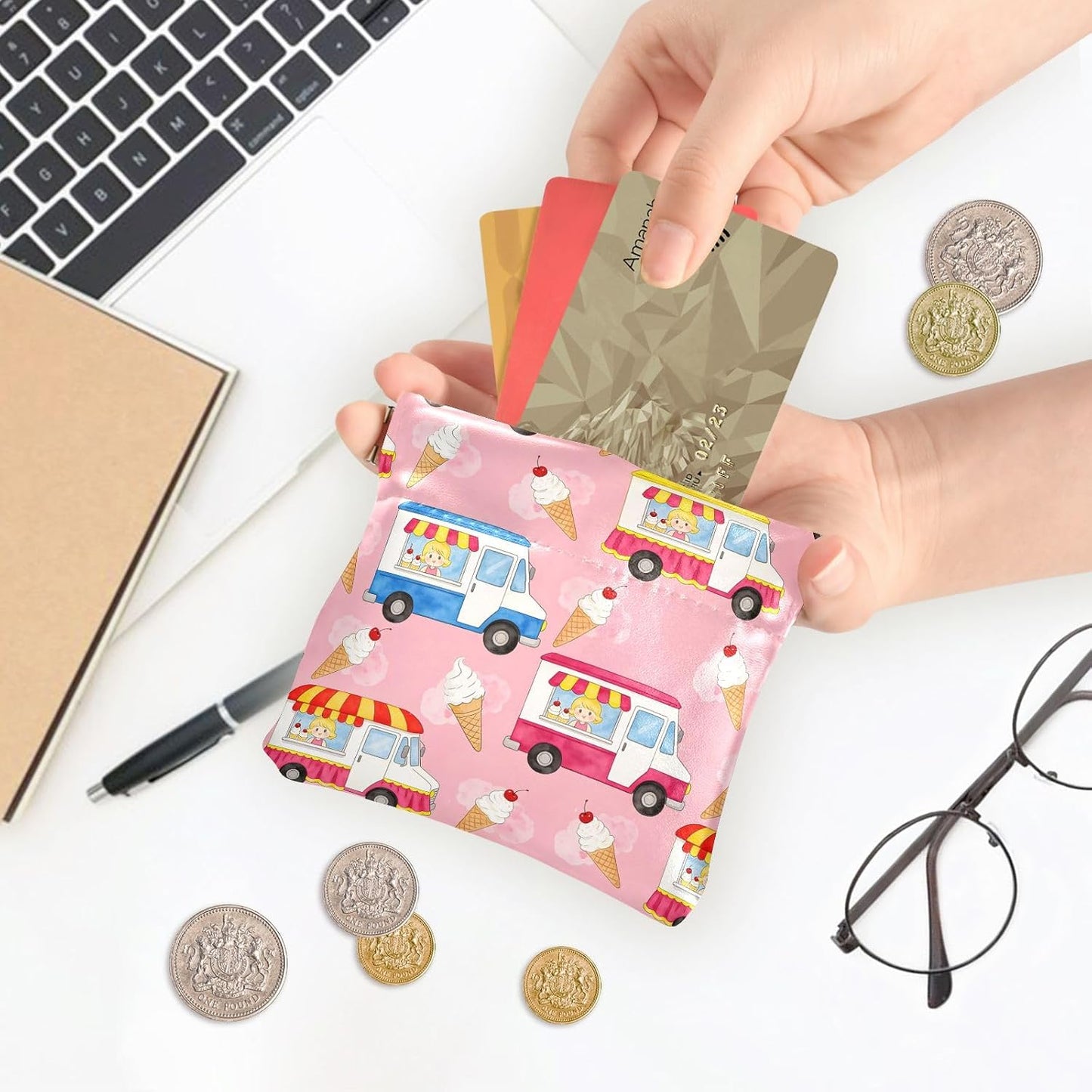 HOTPink Ice Cream Truck Summer Women's Leather Coin Purse Wallet Fancy Mini Change Wallet Coin Pocket for Men Women Travel monederos pequenos de mujer