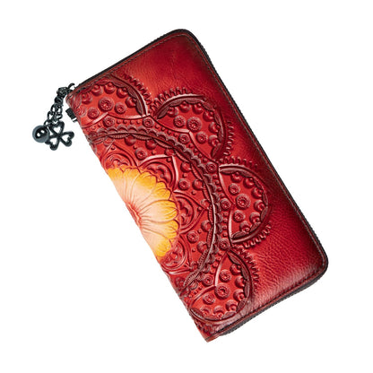 HOTWallet Genuine Leather for Women - with RFID Blocking Card checkbook ID Slot Large Capacity Vintage style (flower brown)