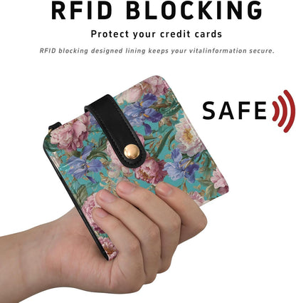 HOTElegant Peonies and Irises Rfid Women Wallet 1 Pack Cute Coin Purse PU Leather Small Wallets Credit Card Holder Bifold Zipper Thin Travel Wallet for Female Ladies Teen Girls Girly