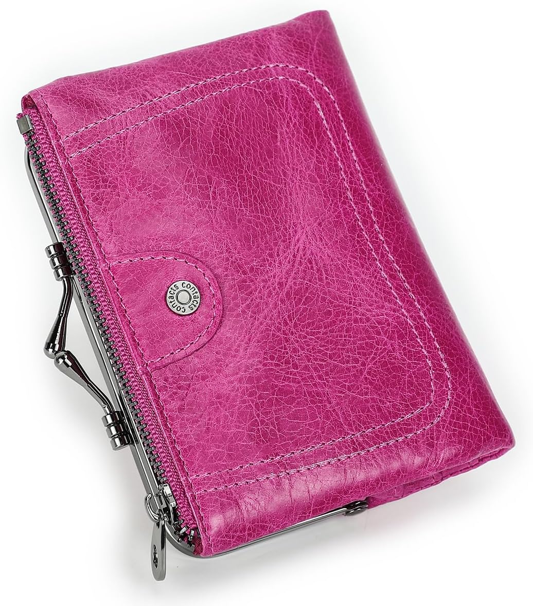 HOTCONTACTS Full Grain Leather Kiss Lock Wallet for Women Small Coin Purse Zipper Bifold Kiss Clasp Rfid Wallet Vintage Card Holder with Photo Window (Rose Red)