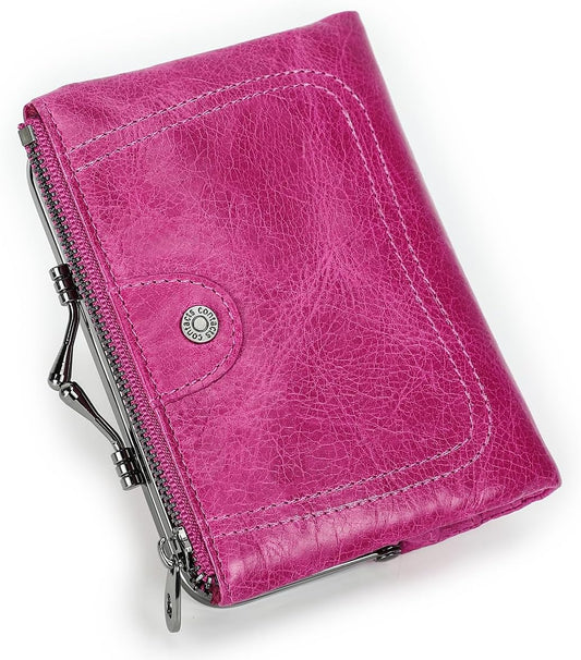 HOTCONTACTS Full Grain Leather Kiss Lock Wallet for Women Small Coin Purse Zipper Bifold Kiss Clasp Rfid Wallet Vintage Card Holder with Photo Window (Rose Red)