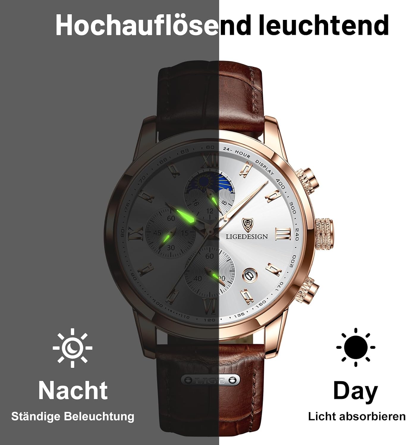 HOTLIGE Chronograph Watch for Men Wrist Leather Analog Dress Waterproof Vintage Work Casual Unique Retro Quartz Date Moon Phase Display Luminous 3ATM Water Resistant Mens Watches