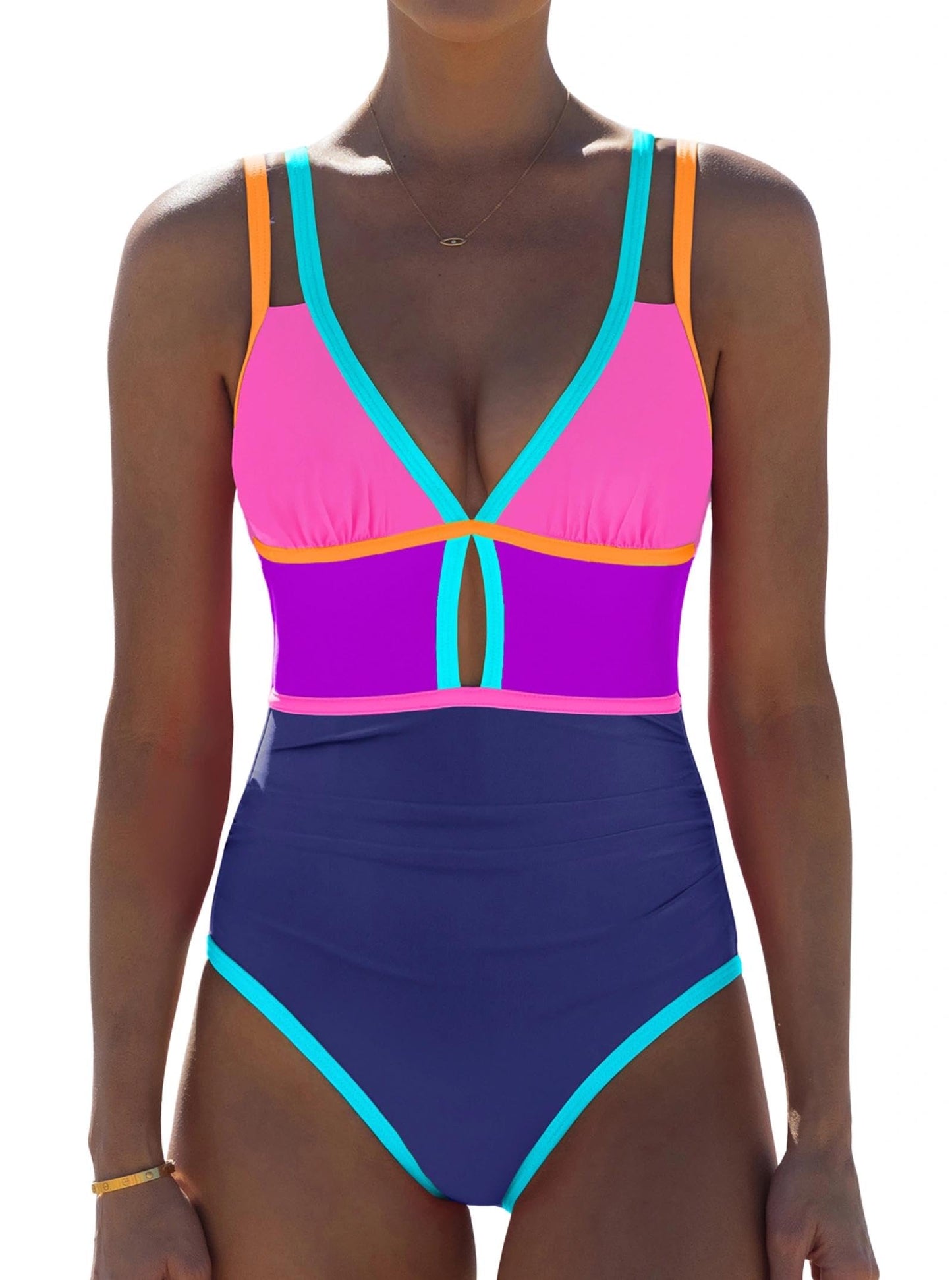 HOTpopvil Women One Piece Swimsuit 2026 Neon Tummy Control Bathing Suit | Tummy Ruched Design, Color Block, Cutout Design, Deep V Neck, Back tie,Adjustable Straps, Neon Trim,Vacation,Beach