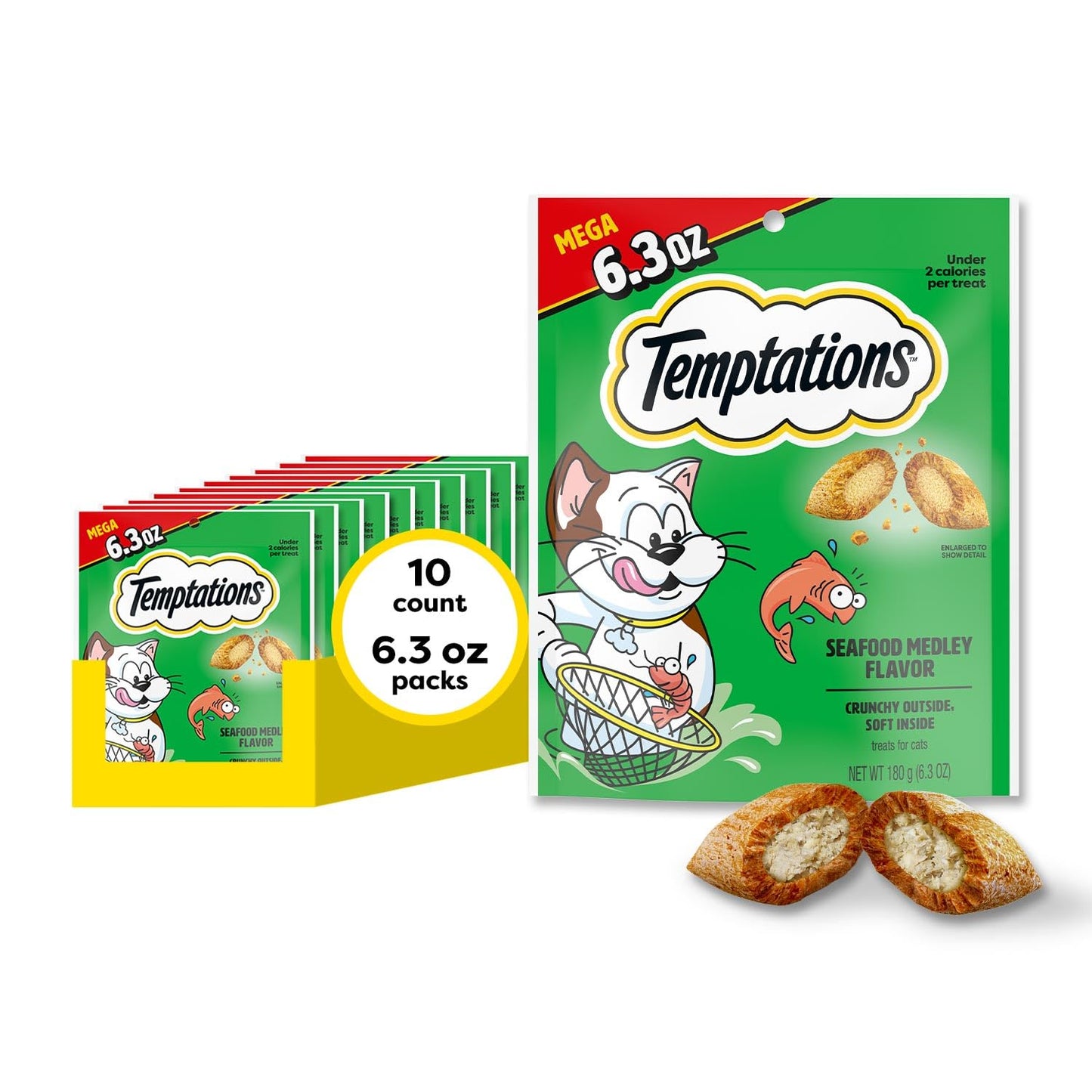 HOTTemptations Classic Crunchy and Soft Cat Treats, Seafood Medley, 30 oz | Under 2 calories per treat, 100% complete & balanced adult cat nutrition, resealable tub, use as snack, meal, or food topper