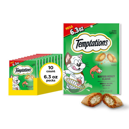 HOTTemptations Classic Crunchy and Soft Cat Treats, Seafood Medley, 30 oz | Under 2 calories per treat, 100% complete & balanced adult cat nutrition, resealable tub, use as snack, meal, or food topper