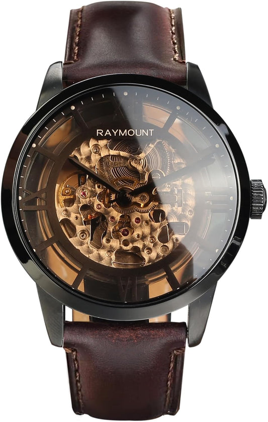 HOTFORSINING Men's Automatic Watch with Mechanical Movement, Skeleton Dial and Leather Band