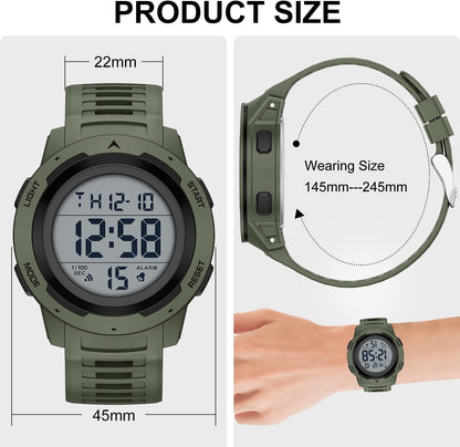 HOTGOLDEN HOUR Mens Waterproof Digital Sport Watches Wide Screen Easy Read Display Military Style with Rubber Strap