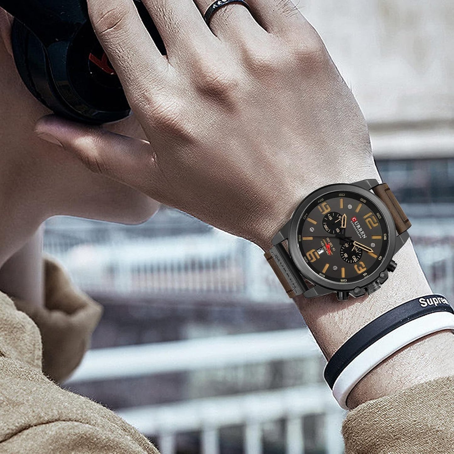 HOTFANMIS Mens Sport Military Analog Quartz Watch Classic Chronograph Sandwich Dial Business Dress Waterproof Watch Multifunctional Wristwatch with Leather Strap