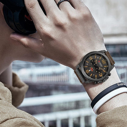 HOTFANMIS Mens Sport Military Analog Quartz Watch Classic Chronograph Sandwich Dial Business Dress Waterproof Watch Multifunctional Wristwatch with Leather Strap