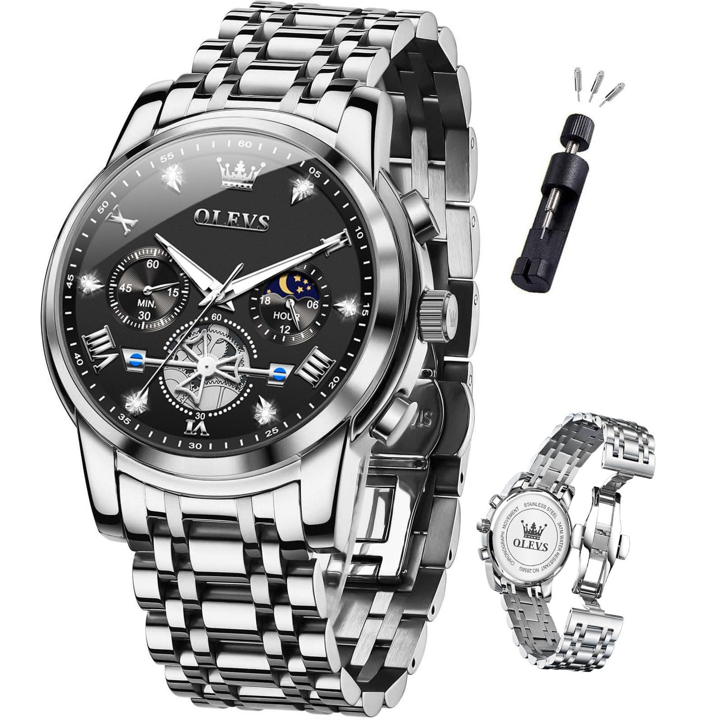HOTOLEVS Mens Watches Chronograph Watch Luxury Dress Stainless Steel Waterproof Watches for Men Moon Phase Luminous Business Calendar Wrist Watch Blue/Black/Green/Gold/Face
